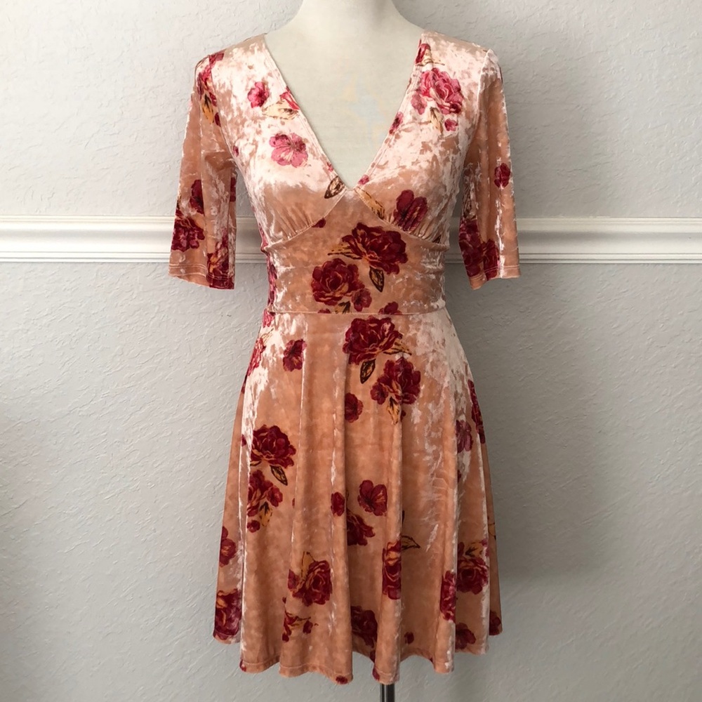 Peach Velvet Floral Fit-and-Flare Dress